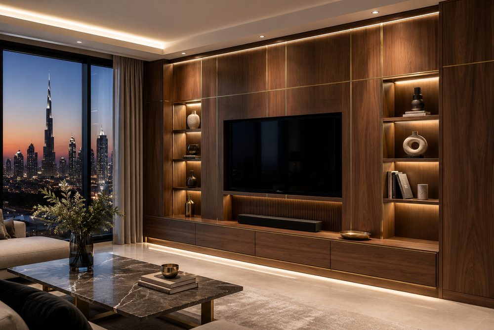 Carpenter in Downtown Dubai — bespoke walnut media wall with integrated lighting in an apartment overlooking the Burj Khalifa at dusk
