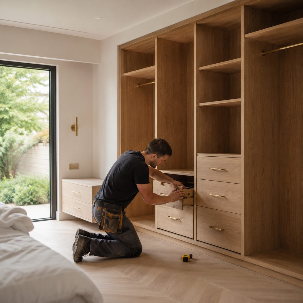 Carpenter in Dubai Hills Estate fitting drawers and shelving into a large walk-in wardrobe in a new villa