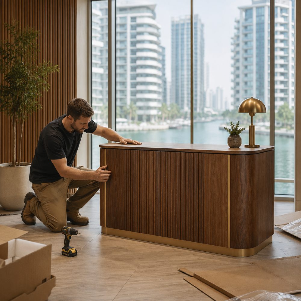 Carpenter in JLT installing a walnut reception counter in a small Jumeirah Lakes Towers office overlooking the lake