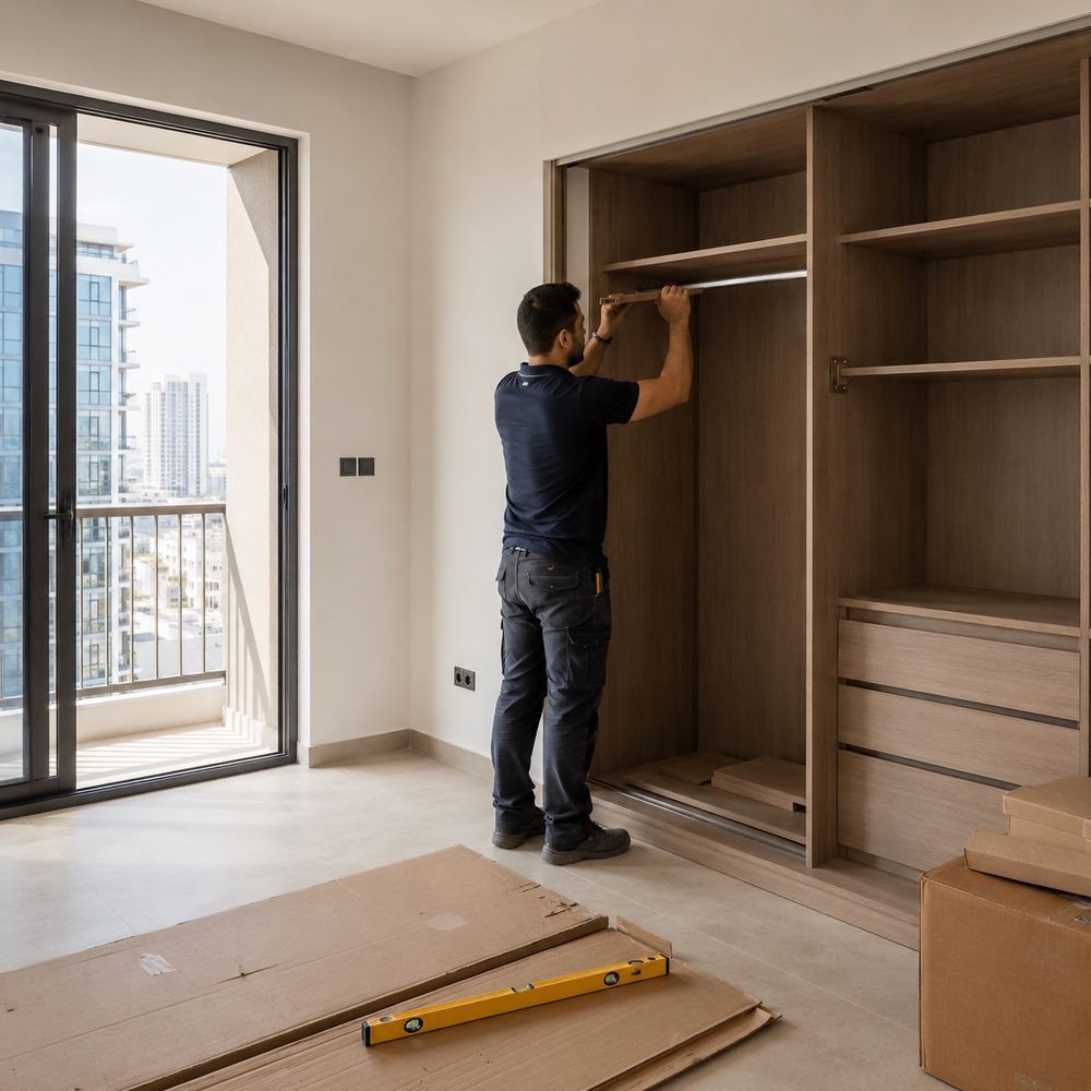 Carpenter in JVC fitting a hanging rail and shelving inside a wardrobe in a newly handed-over Jumeirah Village Circle apartment
