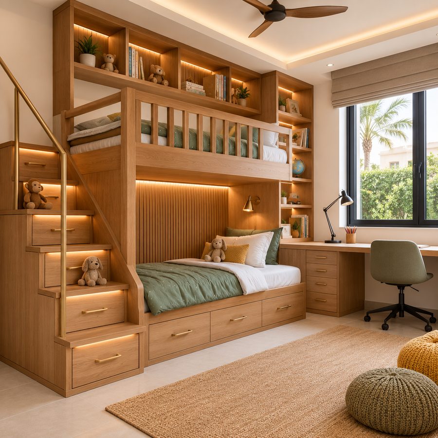 Carpenter in Mirdif — custom built-in bunk bed with storage stairs and fitted study desk in a family villa kids room