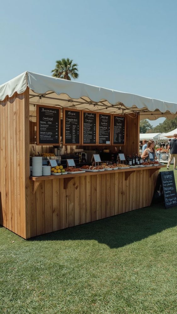 Event and kiosk carpentry in Dubai — custom timber food and drinks kiosk with serving counter and canopy built for an outdoor event