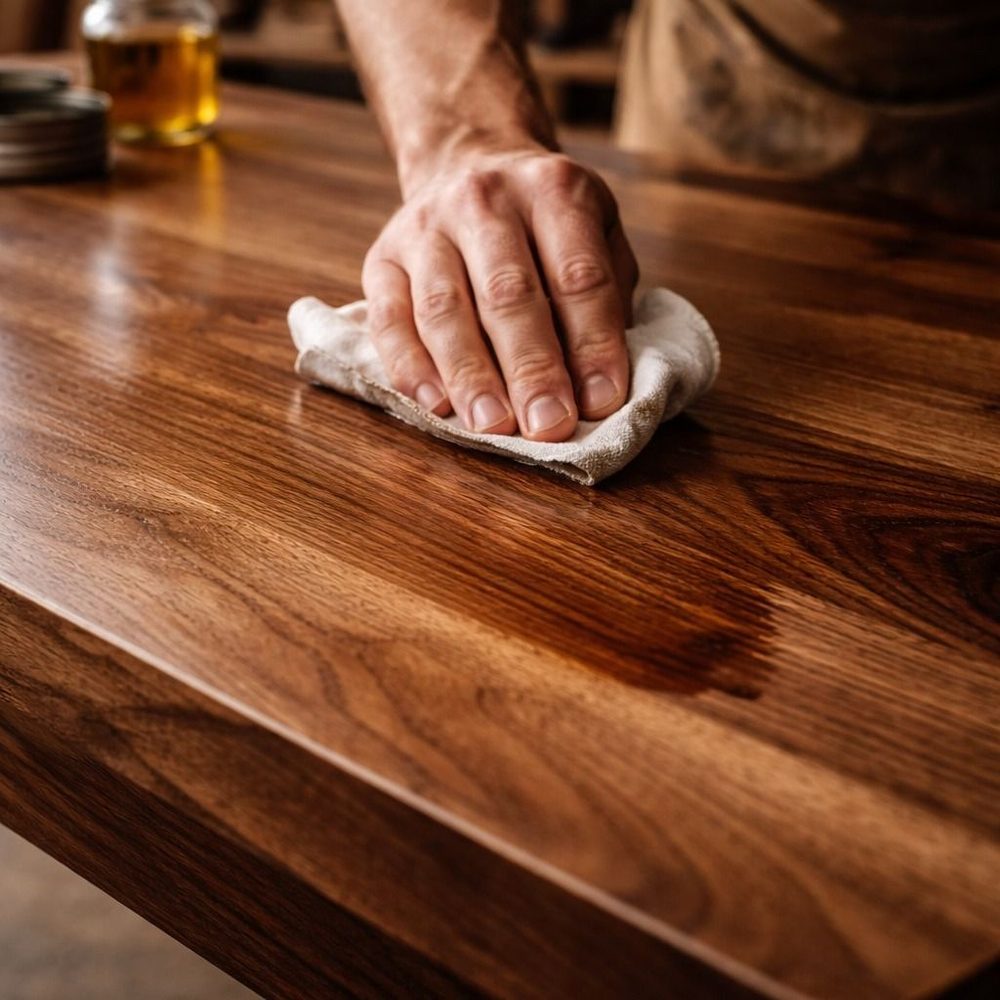 Furniture polishing in Dubai — hand-polishing a solid walnut table back to a deep finish