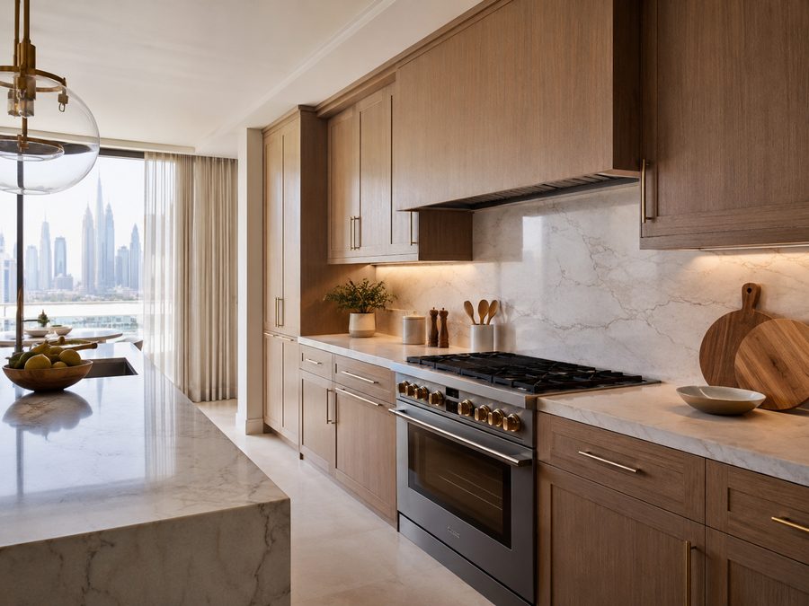 Custom kitchen cabinets in Dubai with oak joinery, marble worktop and skyline view
