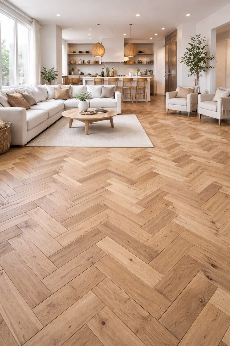 Herringbone wood flooring in a Dubai home