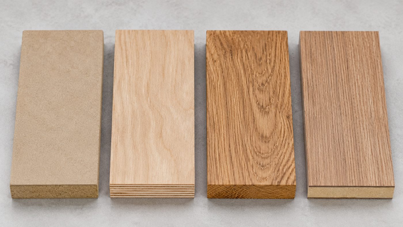 MDF, plywood, solid oak and wood veneer samples compared side by side — the material choice that determines carpentry cost in Dubai